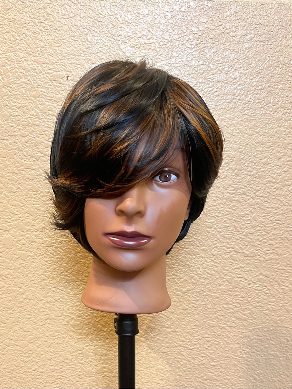 Short Pixie Bob Wig Black with Auburn Highlights Layered Side Bangs Lightweight